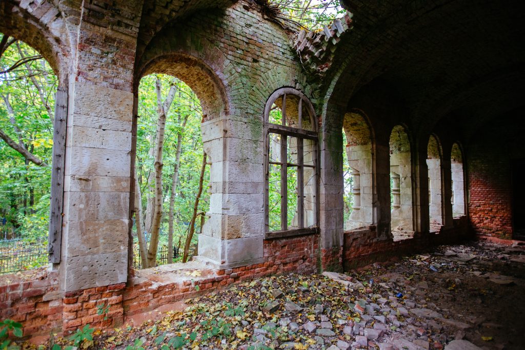 Old ancient abandoned red brick ruins overgrown by plants.