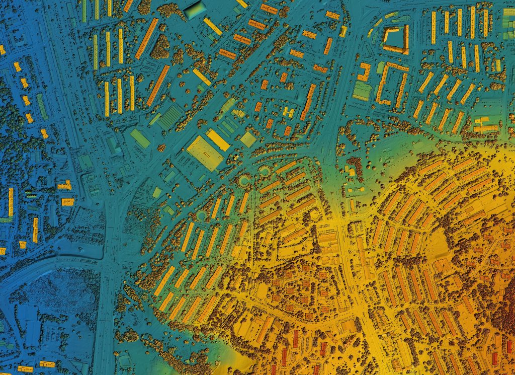 Digital elevation model of a urban area. GIS product made after proccesing aerial pictures taken from a drone. It shows city area with roads, junctions and suburbs