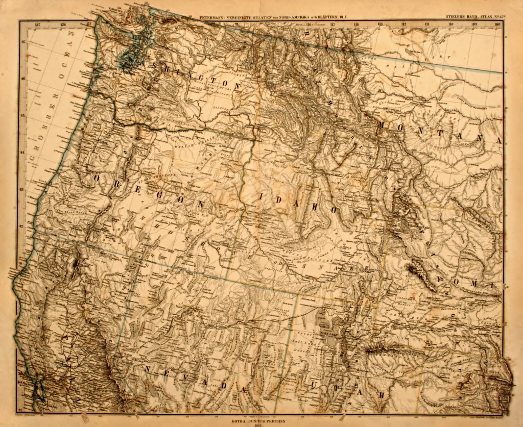 Original vintage map of the US Pacific Northwest printed in 1875.