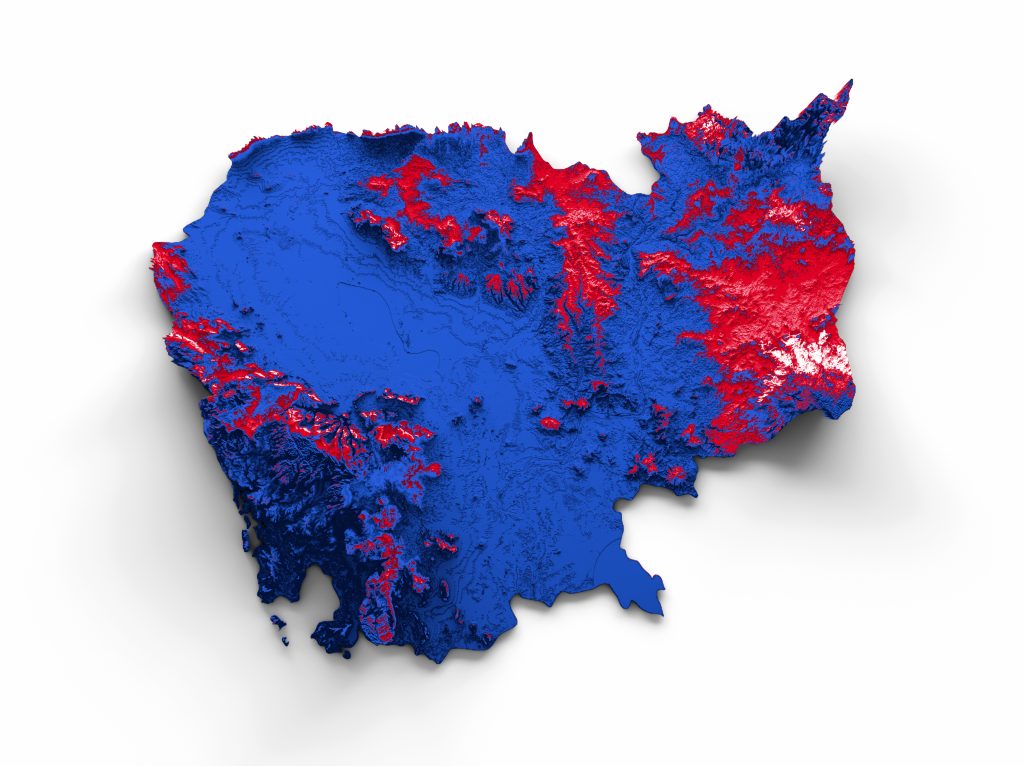 Cambodia map with the flag Colors Red and Blue Shaded relief map 3d illustration
geopolitical maps with highlighted elements